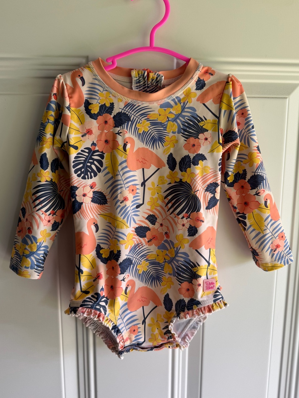 Ruffle Butts Flamingo Print Long-Sleeve Swim One-Piece 50+ spf 2T